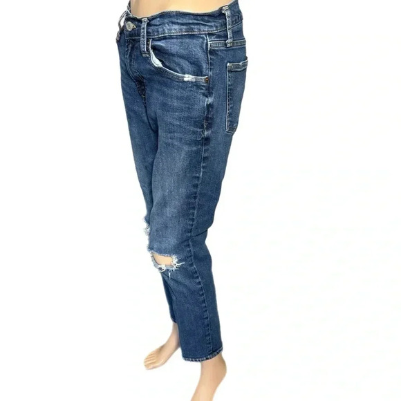 GAP Women’s Dark Denim Girlfriend Jeans Distressed Straight Leg Size 4/27 - Picture 3 of 16